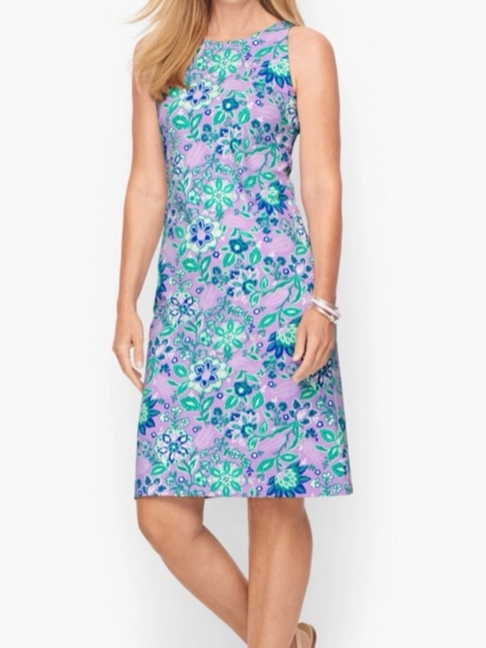 Talbots Lavender Floral Midi Dress with Teal and Blue Details